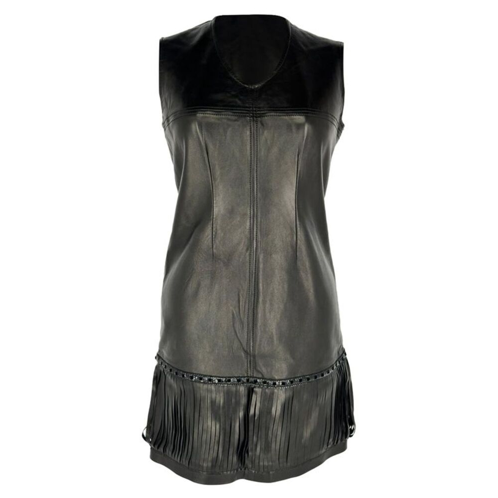 Yves Saint Laurent Fringe Mini Dress in Black Leather